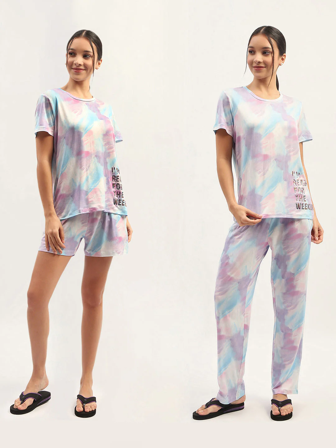 mSECRET Tie Dye Effect Print Mauve Top with Printed Pyjama and Shorts Set