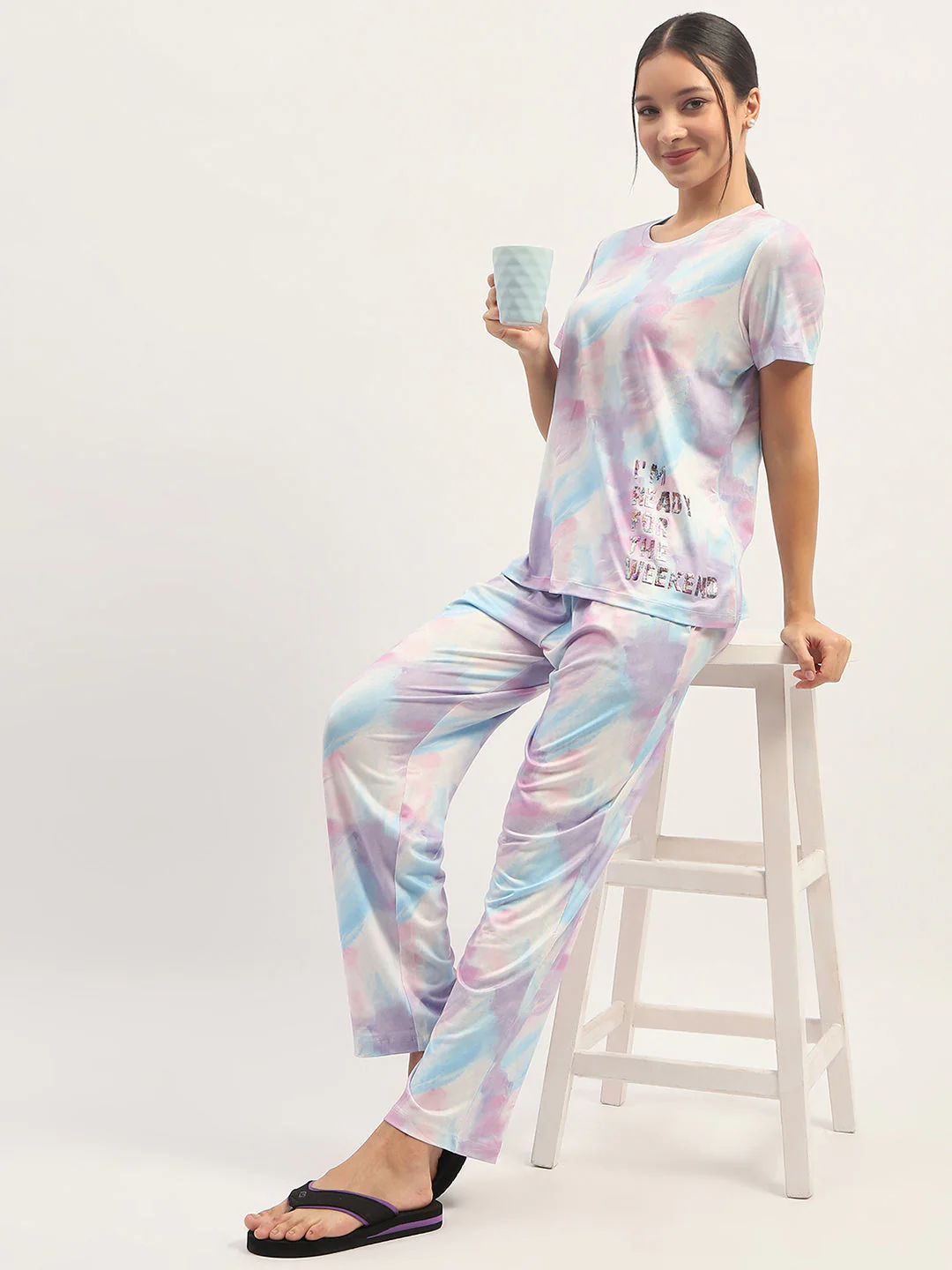 mSECRET Tie Dye Effect Print Mauve Top with Printed Pyjama and Shorts Set - Image 2