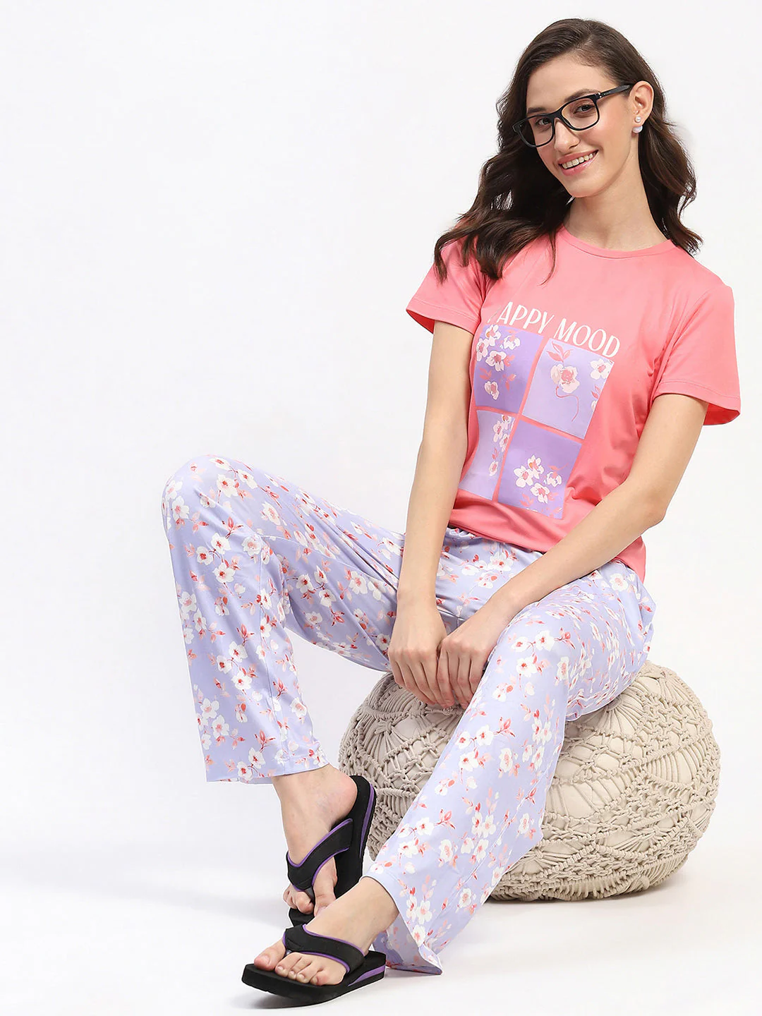 mSECRET Graphic Floral Print Two Piece Coral Night Suit
