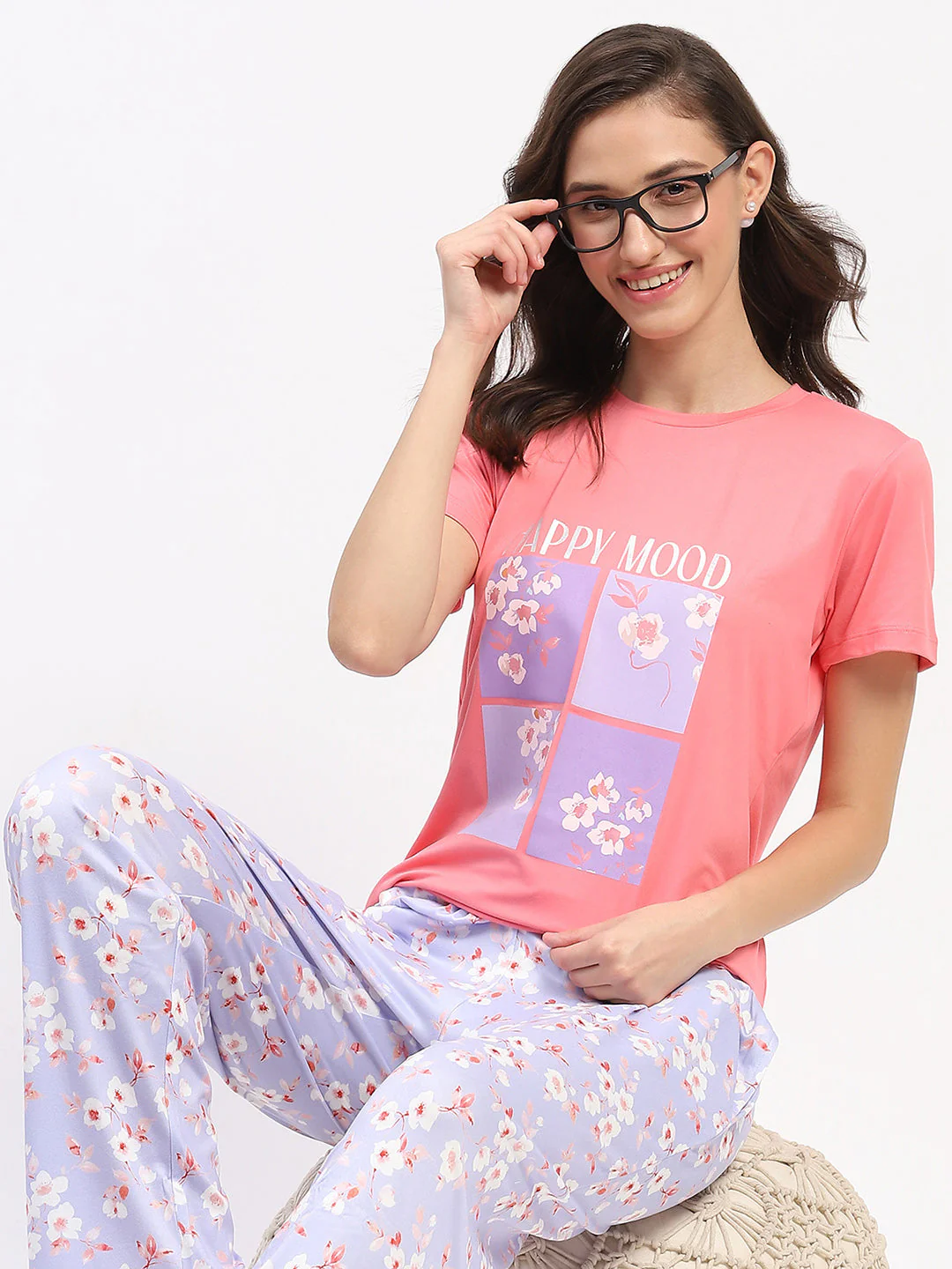 mSECRET Graphic Floral Print Two Piece Coral Night Suit - Image 2