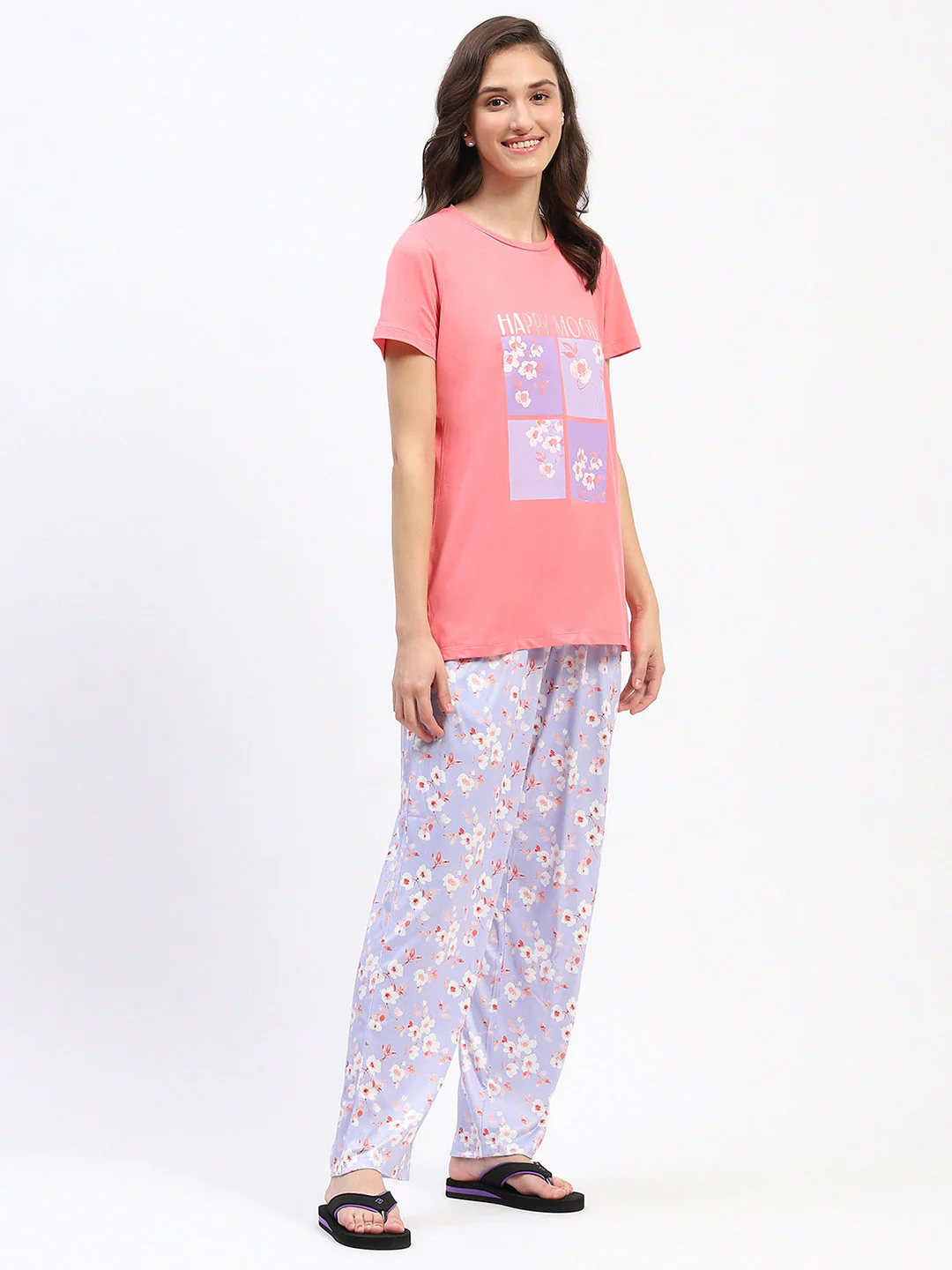 mSECRET Graphic Floral Print Two Piece Coral Night Suit - Image 3