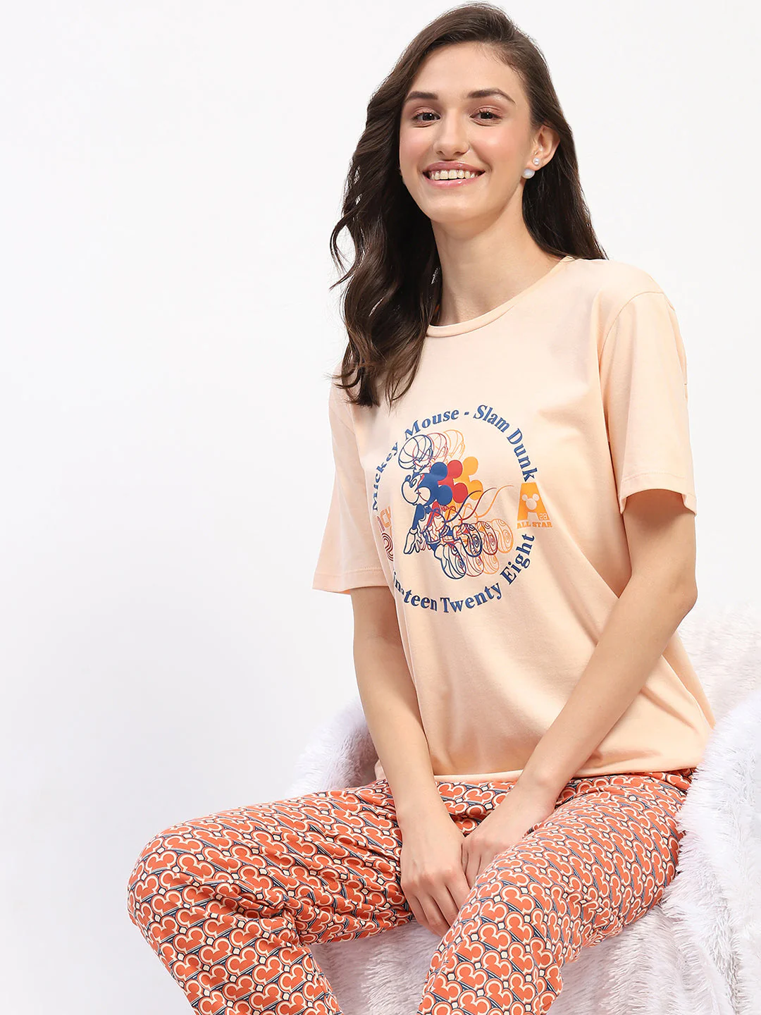 mSECRET Peach Mickey Mouse Graphic Tee and Geometric Print Cotton Nightsuit Set - Image 2