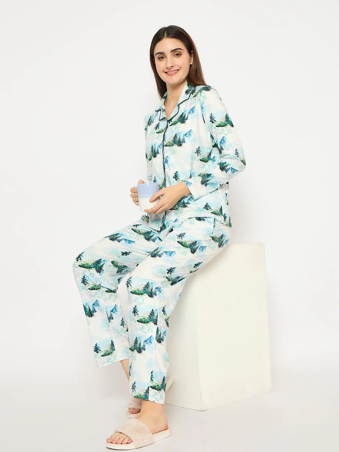 mSECRET Botanical Print Notch Lapel Top and Bottom Teal Night Suit - Image 2