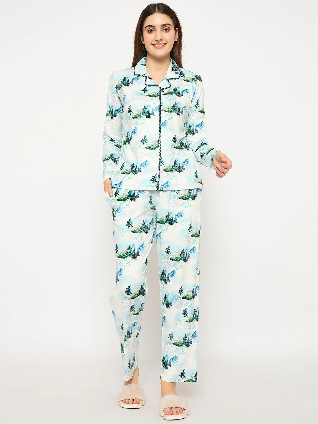 mSECRET Botanical Print Notch Lapel Top and Bottom Teal Night Suit - Image 4