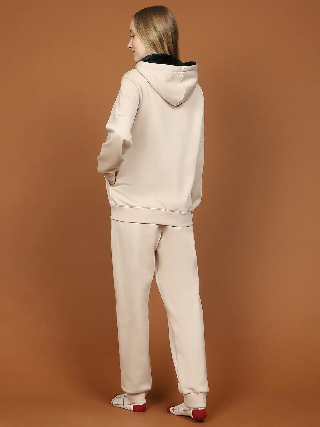 mSECRET Fleece Embroidered Beige Hooded Top and Bottom Night Suit - Image 6