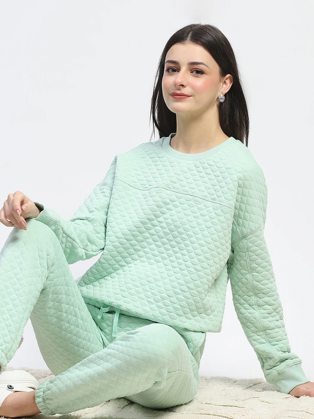 mSECRET Cotton Blend Textured Top and Bottom Green Night Suit - Image 2