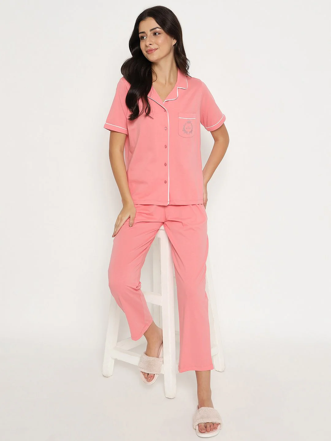 mSECRET Embossed Top and Bottom Coral Cotton Night Suit