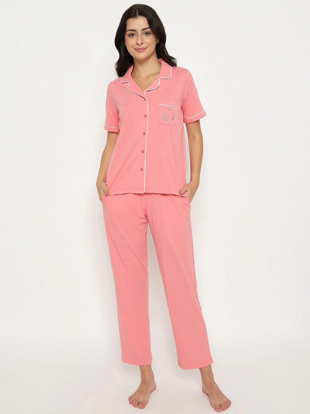 mSECRET Embossed Top and Bottom Coral Cotton Night Suit - Image 3
