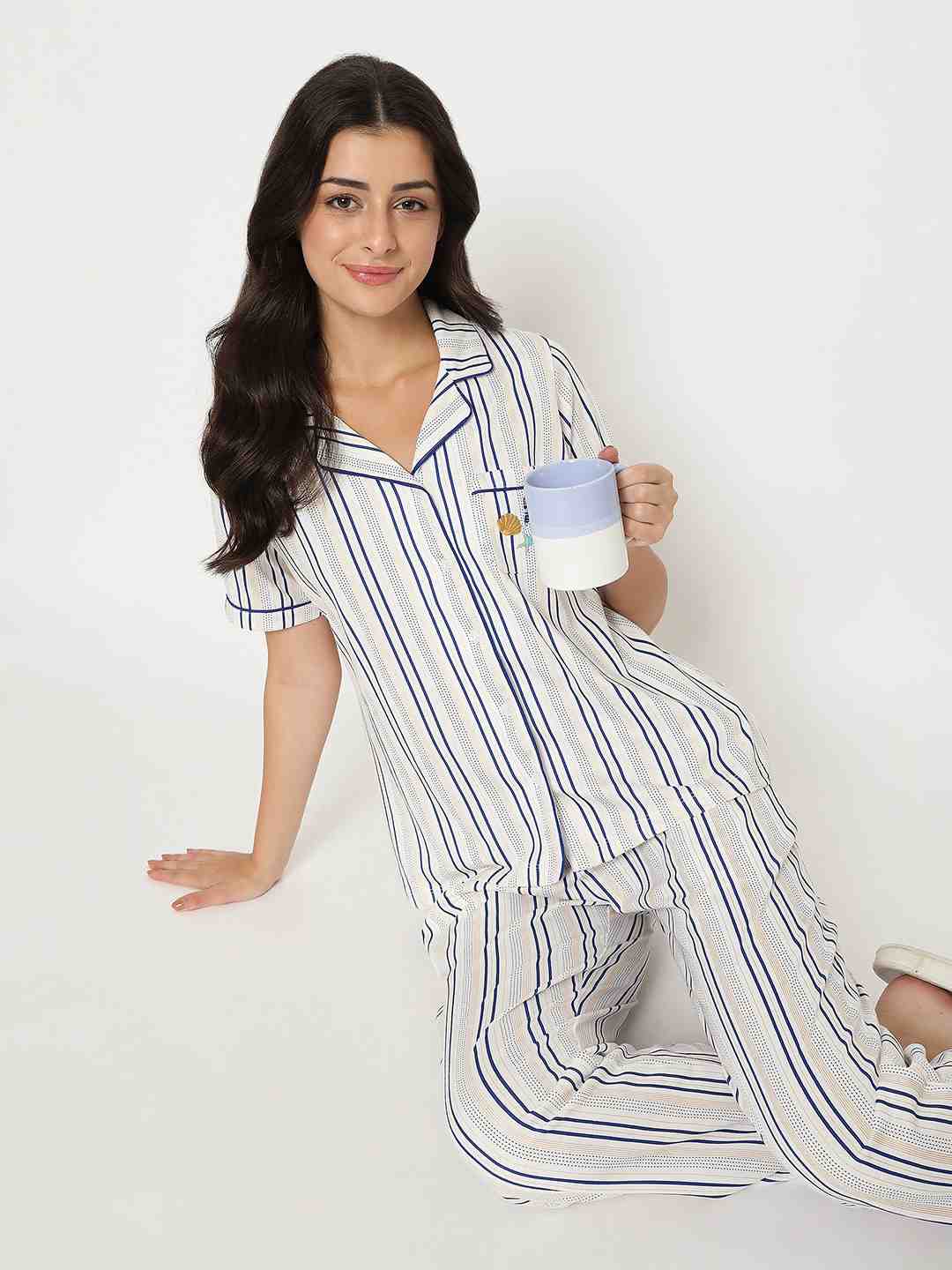 mSECRET Striped Top and Bottom Off-White Cotton Night Suit - Image 2