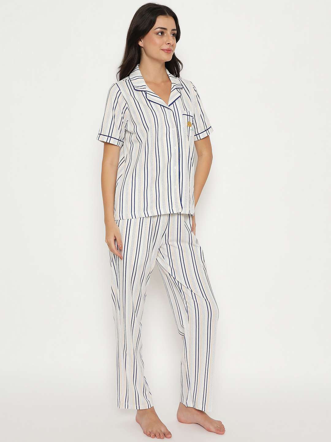 mSECRET Striped Top and Bottom Off-White Cotton Night Suit - Image 4