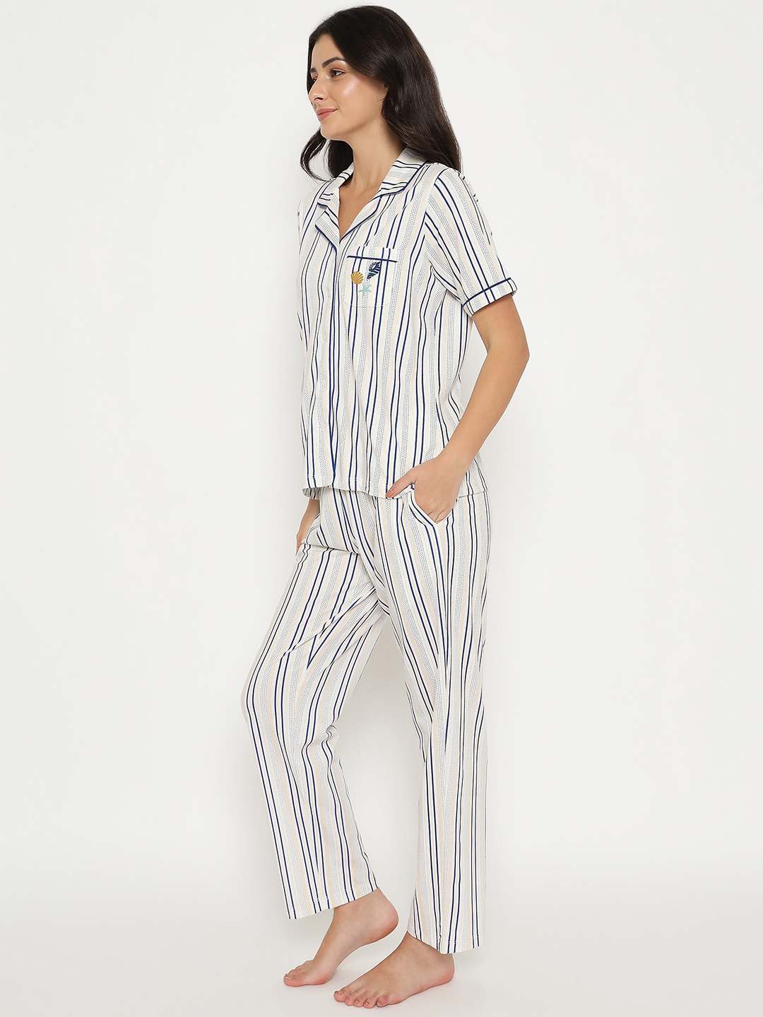 mSECRET Striped Top and Bottom Off-White Cotton Night Suit - Image 5