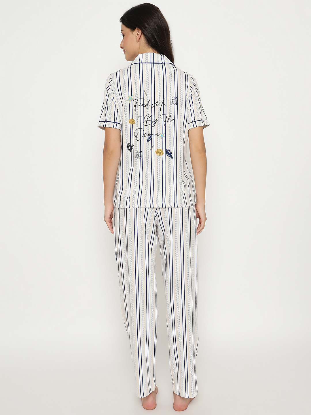 mSECRET Striped Top and Bottom Off-White Cotton Night Suit - Image 6