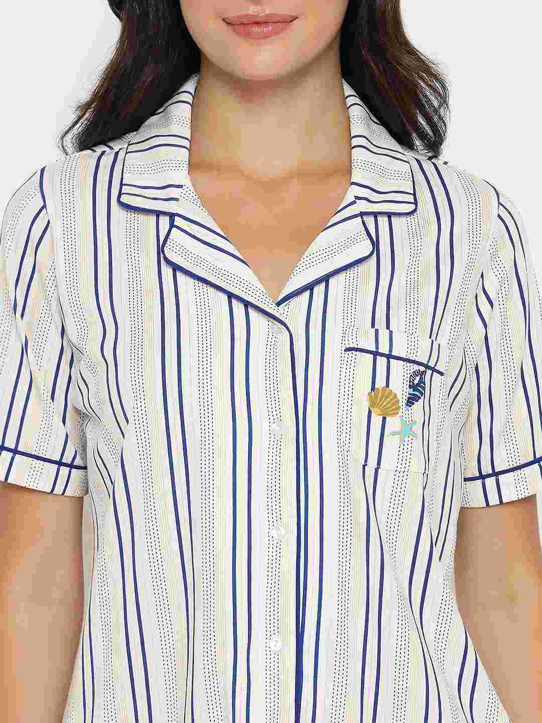 mSECRET Striped Top and Bottom Off-White Cotton Night Suit - Image 8