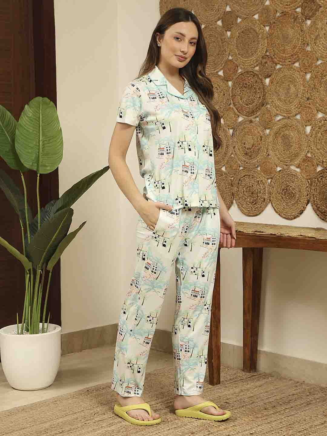 mSECRET All Over Print Top and Bottom Mint Green Night Suit - Image 3