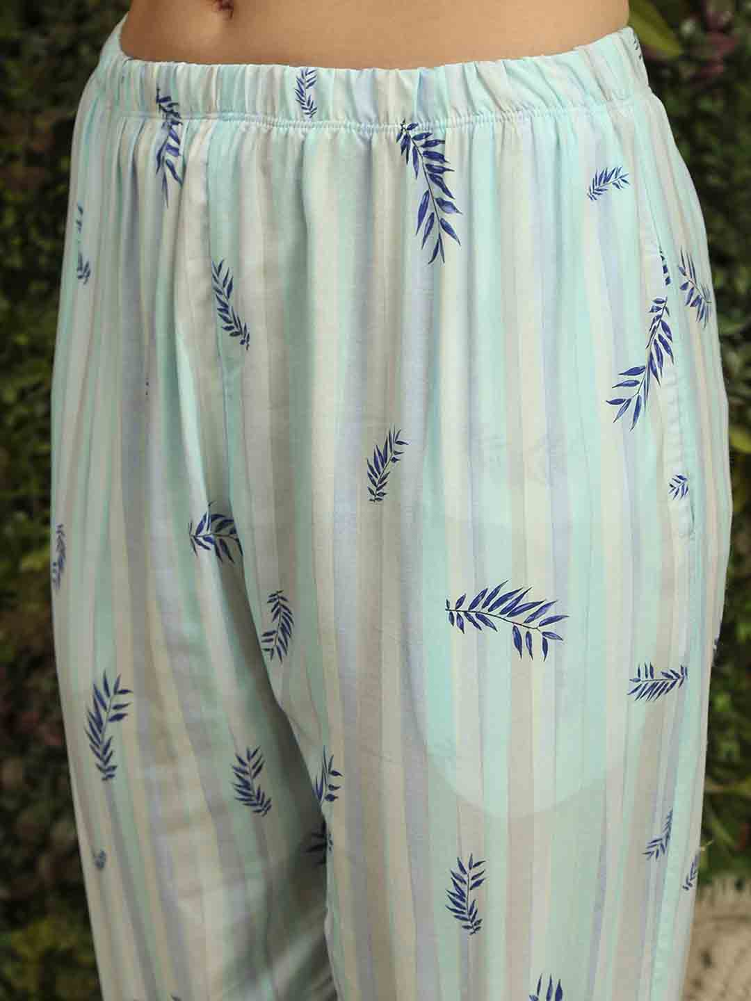 mSECRET Rayon Striped Top and Bottom Aqua Blue Night Suit - Image 7