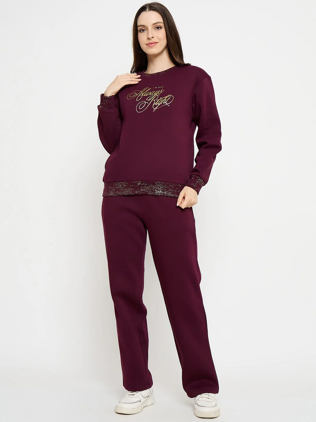 mSECRET Typography Print Sweatshirt and Straight Bottoms Plum Night Suit