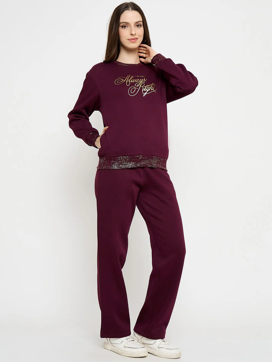 mSECRET Typography Print Sweatshirt and Straight Bottoms Plum Night Suit - Image 4